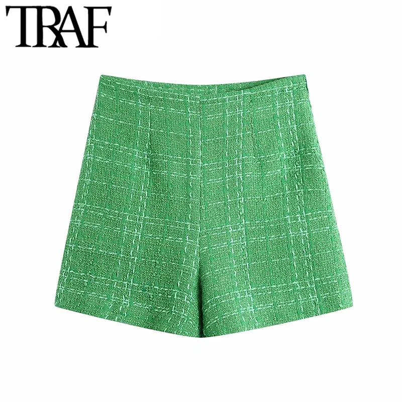 

TRAF Women Chic Fashion With Lining Tweed Shorts Vintage High Waist Back Zipper Female Short Pants Mujer