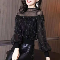elegant lace gauze patchwork fake two pieces blouse fashion office lady commuter off shoulder lantern sleeve chic womens shirts
