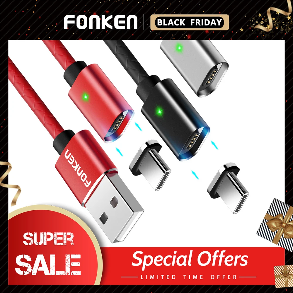 Магнитный кабель FONKEN для быстрой зарядки, магнитный кабель type c, USB C, кабель для синхронизации данных, кабели для телефонов, быстрая зарядка, магнитный кабель для зарядного устройства type C