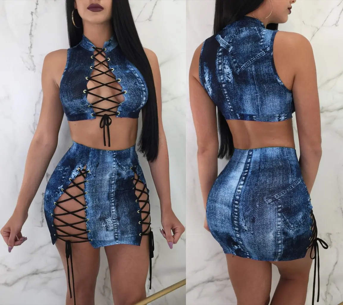 

Vintage Print Bandage Lace Up Sleeveless Crop Top Mini Skirt Two Piece Set Women Ladies Bodycon Skinny Party Outfits Streetwear