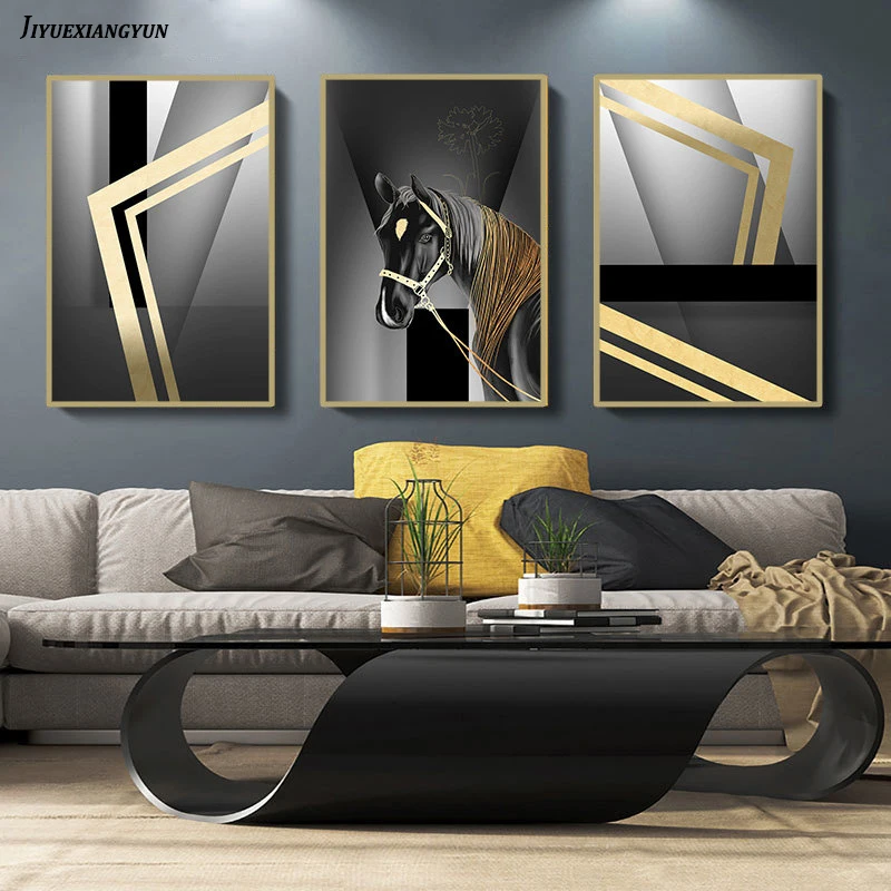 

Золотая абстрактная цветная живопись блоков на холсте скандинавские абстрактные Геометрические черно-белые лошади плакаты Современное ук...