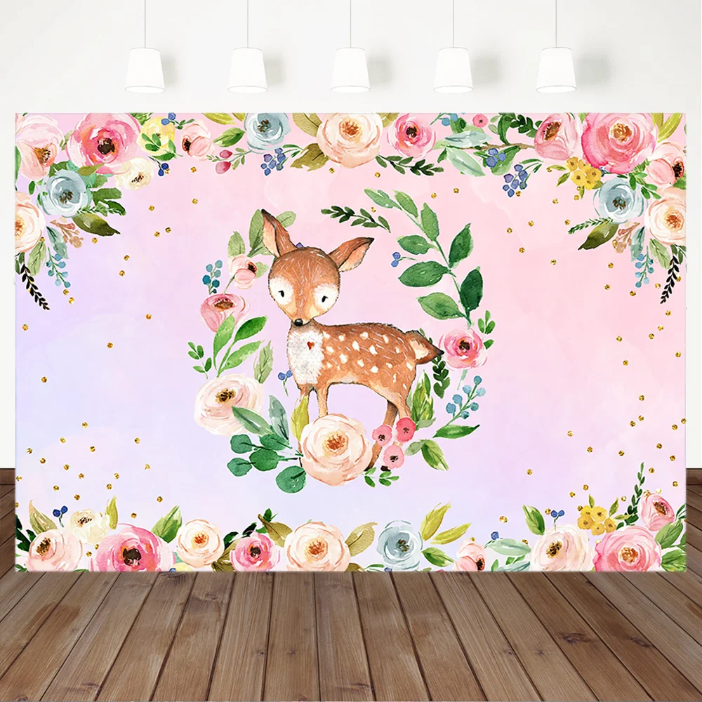 

MOCSICKA Woodland Baby Shower Backdrop Safari Fox Watercolor Flower Pink Girl's Birthday Party Banner Photography Backgrounds