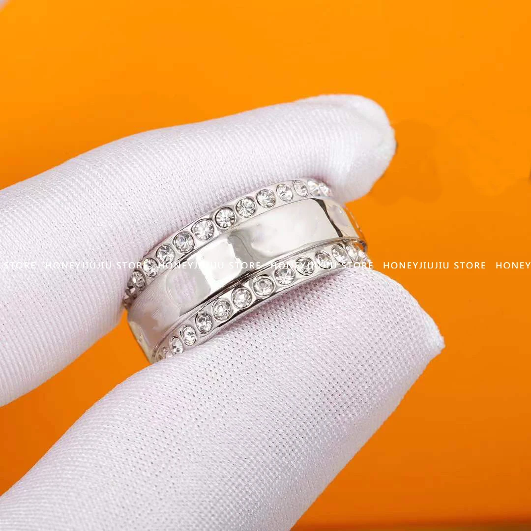 

1:1 Luxury Jewelry Hot Famous Brand Silver colour Diamond Crystal Wide Ring For Men And Women Top Quality Sign Logo