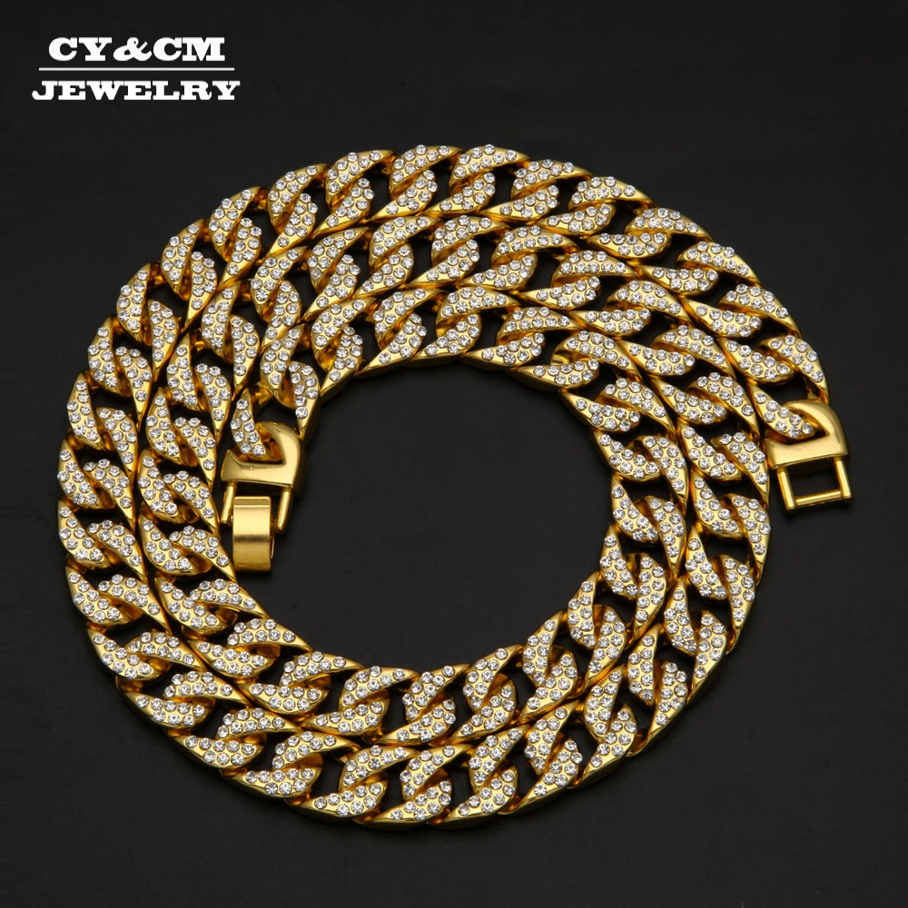 

Iced Out Bling 13mm Rhinestone Crystal Gold Silver Color Cuban Link Chain Choker For Women Men Hip hop Necklace Punk Necklaces