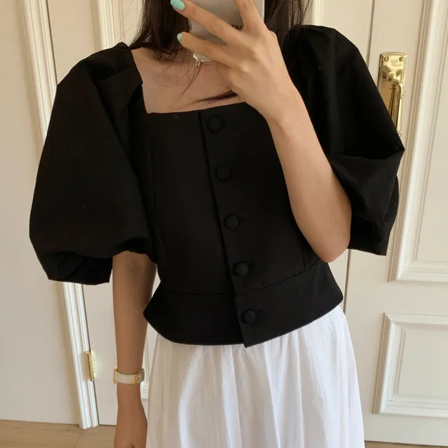 

2021 Summer Korean Chic Puff Sleeve White Blouse Women Casual Office Lady Short Shirt Female Streetwear Aesthetic Tops Ladies