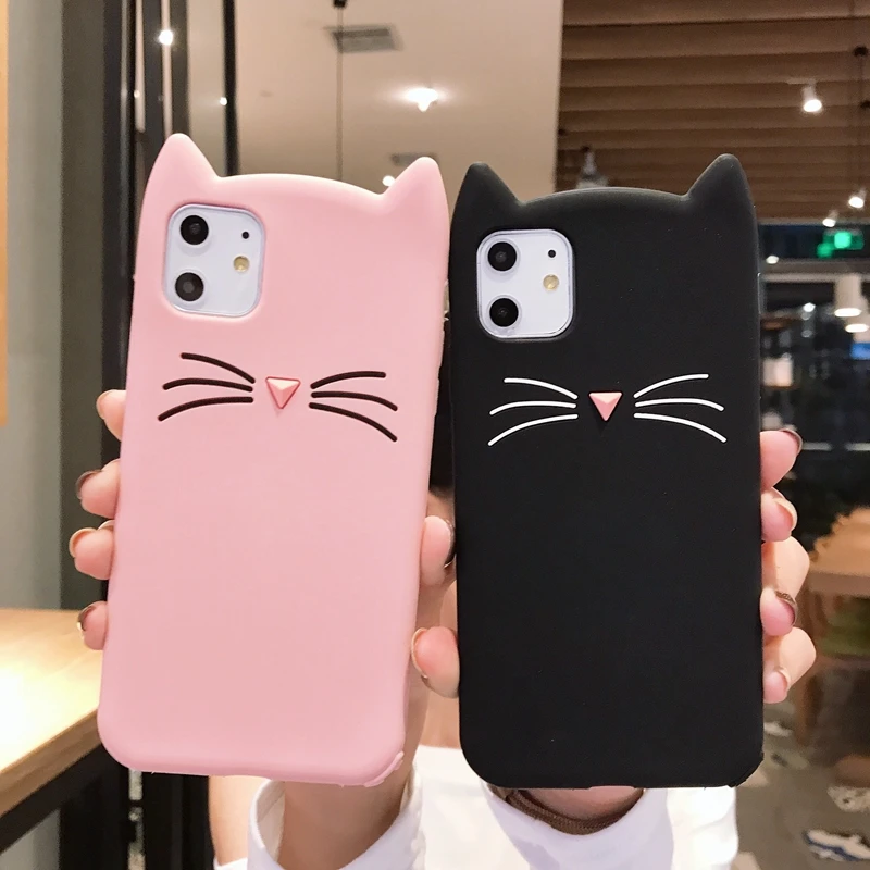 3D Cute Smile Glitter Beard Cat Case For iPhone SE 5 5S 6 6S 7 8 Plus X XS 10 11 Pro Max Cat Ear Silicon Cover Mobile Phone Bags