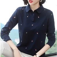 oversized 5xl womens t shirts 2021 spring new lapel long sleeve button solid floret embroidery polo shirt casual loose tee tops