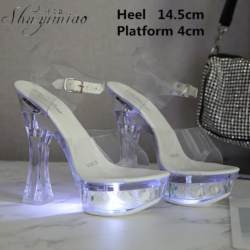 Glow Sexy Nightclub Striptease Women Pole Dancing 14 CM Clear  Crystal Shoes Platform Super High Heel Sandals Flowers Luminous