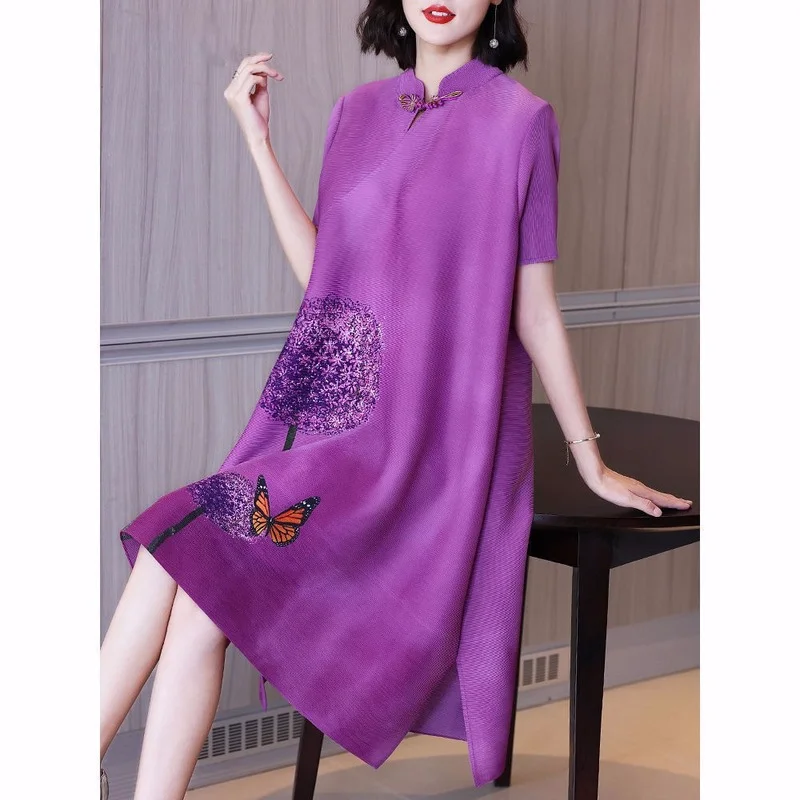 

Ципао в национальном стиле, модное улучшенное Плиссированное фиолетовое тонкое платье в стиле ретро, новинка 2022, дикое Летнее Длинное плать...