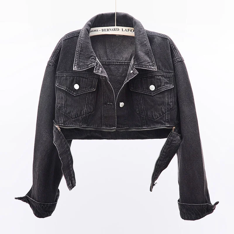 Женская джинсовая куртка на молнии универсальная Короткая свободная с длинным