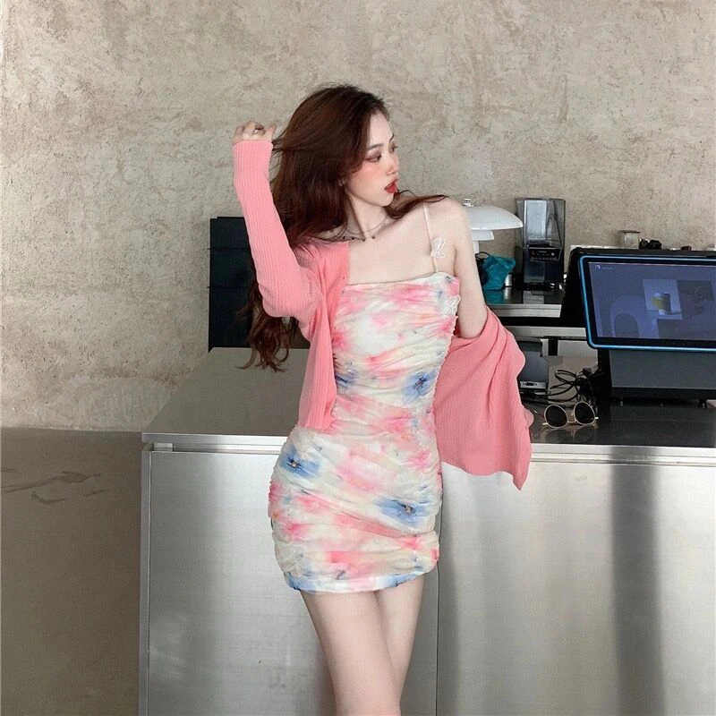 

2021 Sexy Sweet Color Printing Pink Dresses For Women Party Summer Slim Butterfly Mini Dress Casual Ruched Spaghetti Strap Dress