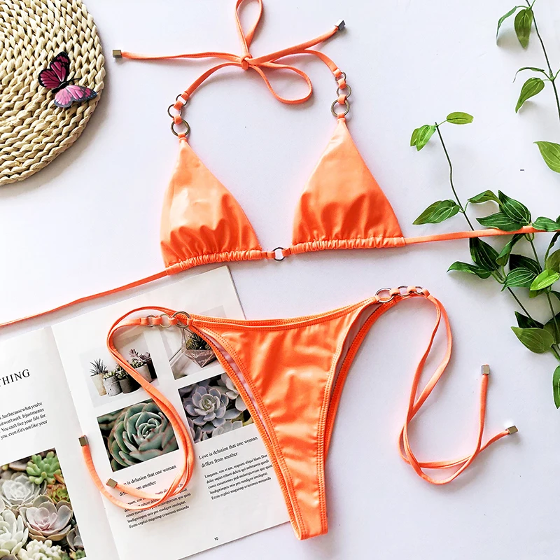 Женский купальник с лямкой через шею сексуальное оранжевое бикини однотонный