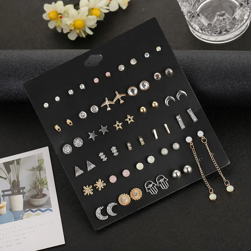 

29pair/set Mixed Style Small Crystal Stud Earrings Set For Women Girls Star Moon Stud Earrings Fashion Jewelry Gifts