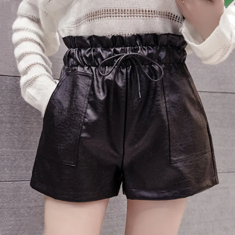 Зимние женские шорты 2019 с высокой талией для женщин черные свободные завязками и