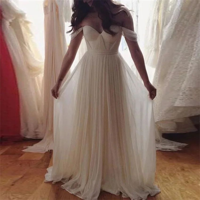 NUOXIFANG White Wedding Dresses 2020 A-Line Princess Cap Sleeve Off-the-Shoulder Beading Floor-Length Chiffon Gown | Свадьбы и