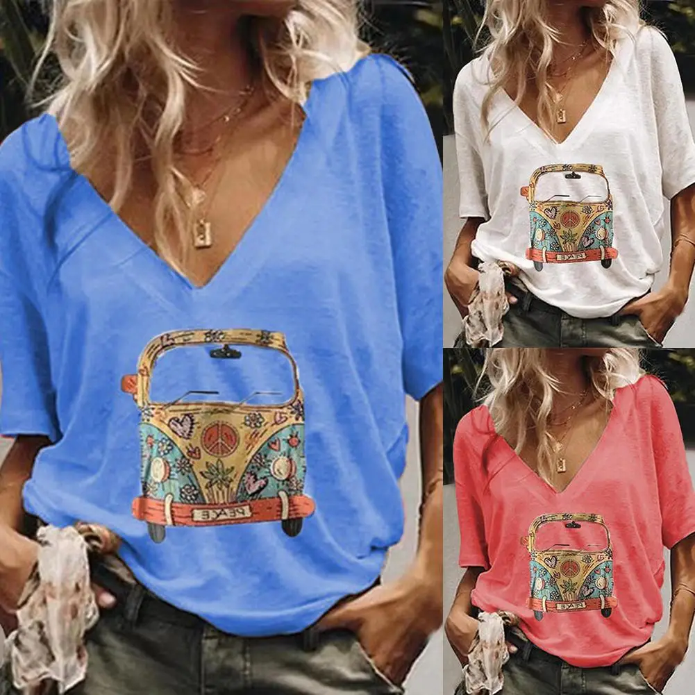 

Women Summer Fashion V Neck Short Sleeve Cartoon Car Print T-shirt Blouse Top