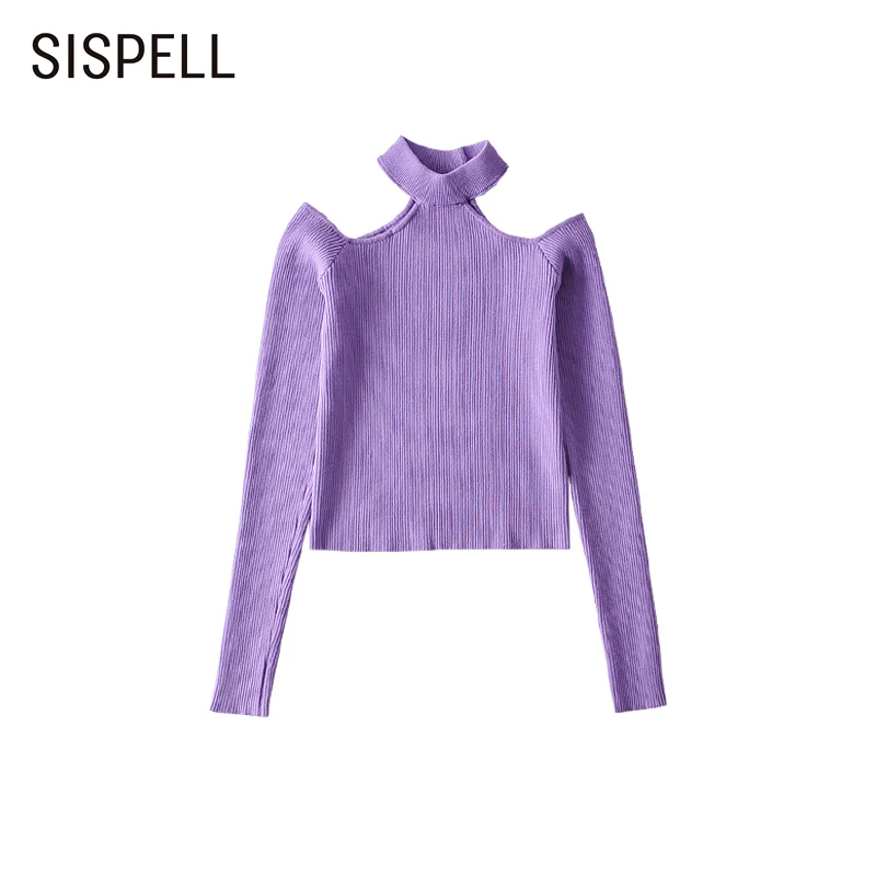 Женский вязаный свитер SISPELL с открытыми плечами воротником-стойкой и длинным