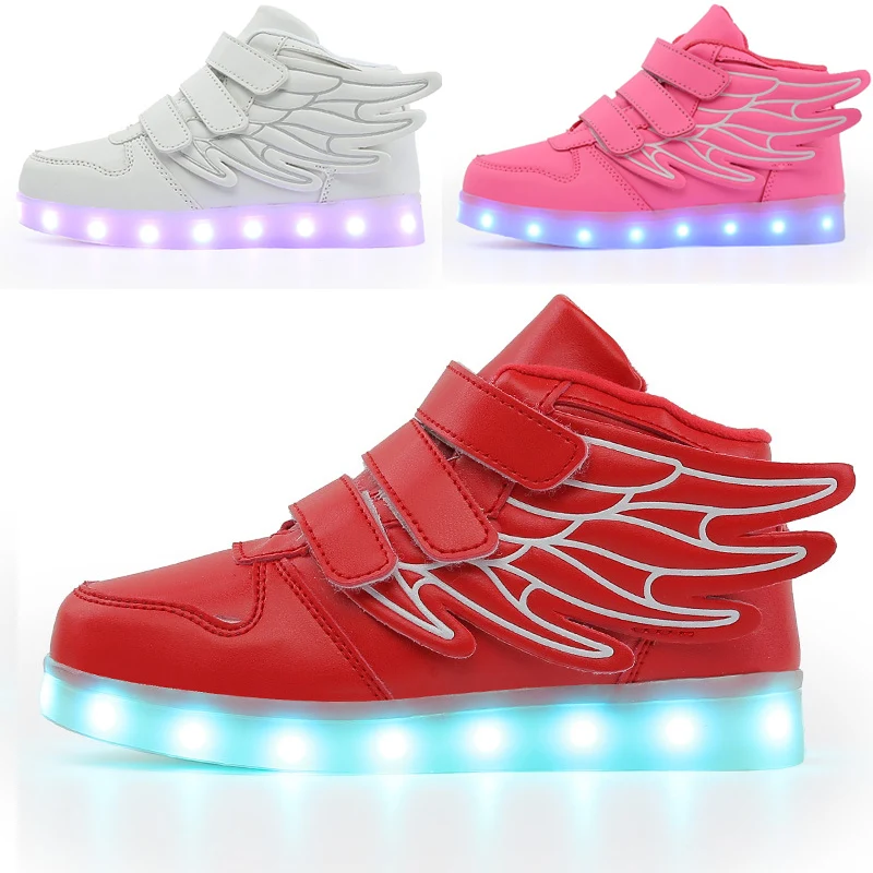 Кроссовки для мальчиков и девочек кожаные с подзарядкой от USB обувь LED подсветкой