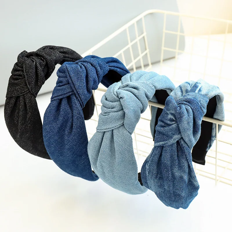 

Popular Women Girl Hair Accessories Vintage Denim Fabric Knotted Headbands Fashion Wide Brimmed Tie-dye Cross Knot Hair Hoop