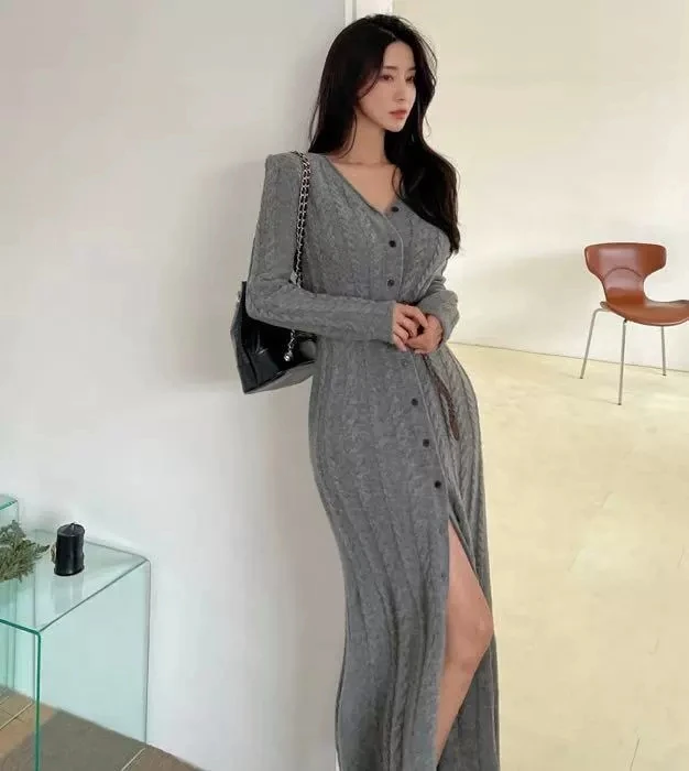 

VANOVICH Корейский Японский Стиль Модное тонкое вязаное длинное платье 2021 осень зима новые элегантные платья для женщин
