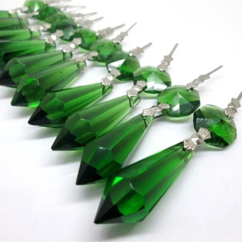 10 unids/lote de candelabro de cristal verde, colgantes de gota de carámbano, prismas de iluminación colgantes