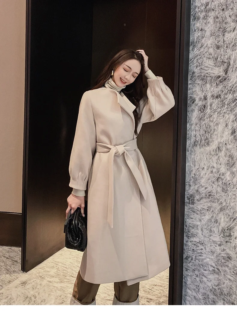 

Women's autumn winter pure color long coat female vintage sashes long sleeve slim outware chic Blouse TB3465
