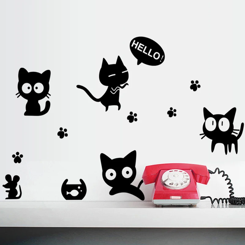 Творческий мультфильм милый черный стикер на стену с кошкой виниловые наклейки