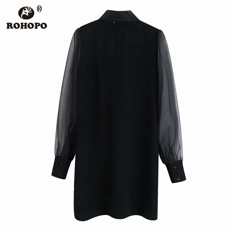 ROHOPO Tulle Sleeve Bow Collar Black Straight Mini Dress Long Ladies Retro Semi Sheer Solid Vestido #9859 | Женская одежда