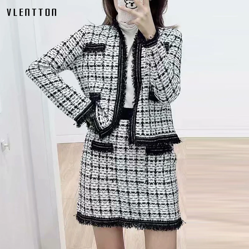 Женский комплект из двух предметов винтажный клетчатый твидовый шерстяной