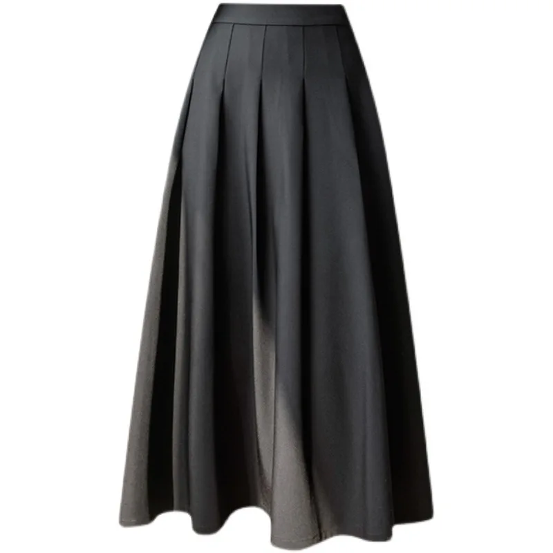 

High Waist Slim Pleated Skirt Women Spring Summer Solid A-line Ladies Black Skirts Woman elastic Waist Long Skirts Womens