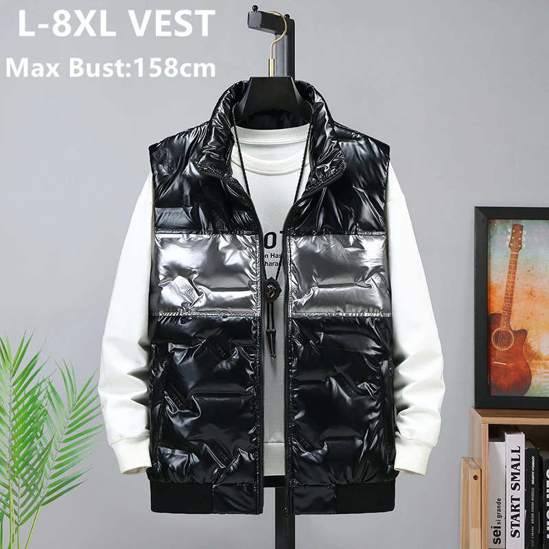 

7XL 8XL 150KG Loose Autumn Winter Vest Men Sleeveless Black Jacket Waterproof Glossy Warm Young Man 6XL Thick Hoodied Waistcoat