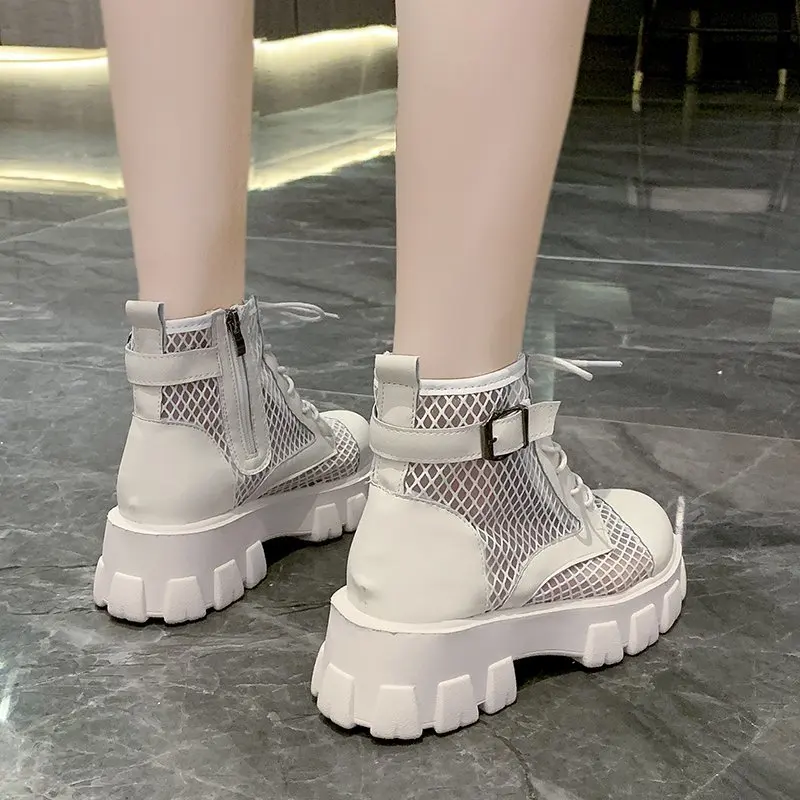 Rimocy Classic Women Thick Bottom Black Mesh Summer Boots Round Toe Zipper Lace Up Platform Shoes Woman High Heels Ankle Botas