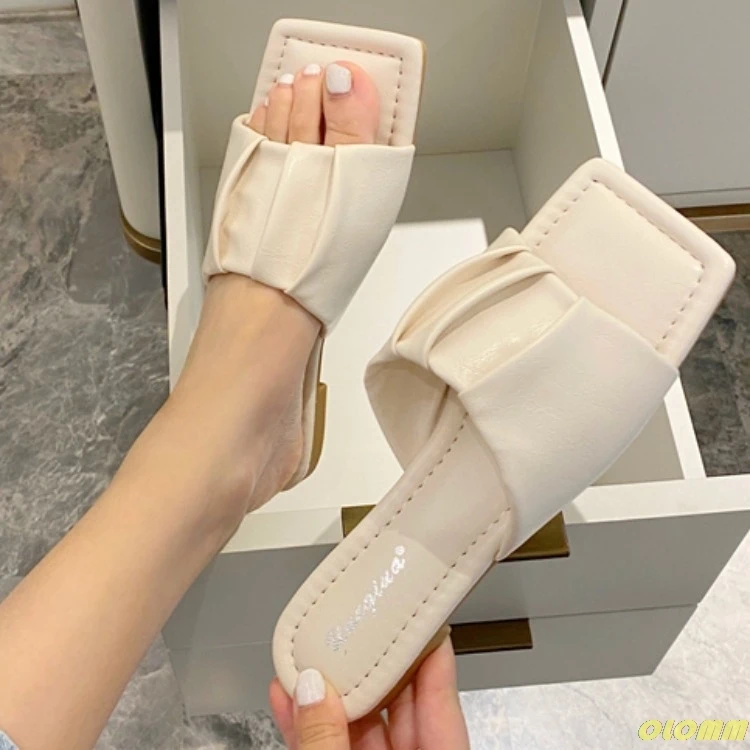 

2020 New Design Square Toe Thin High Heel Slippers Women Sandals Fashion Slip On Slides Summer Shoe Mule Pleated Massage Outsole