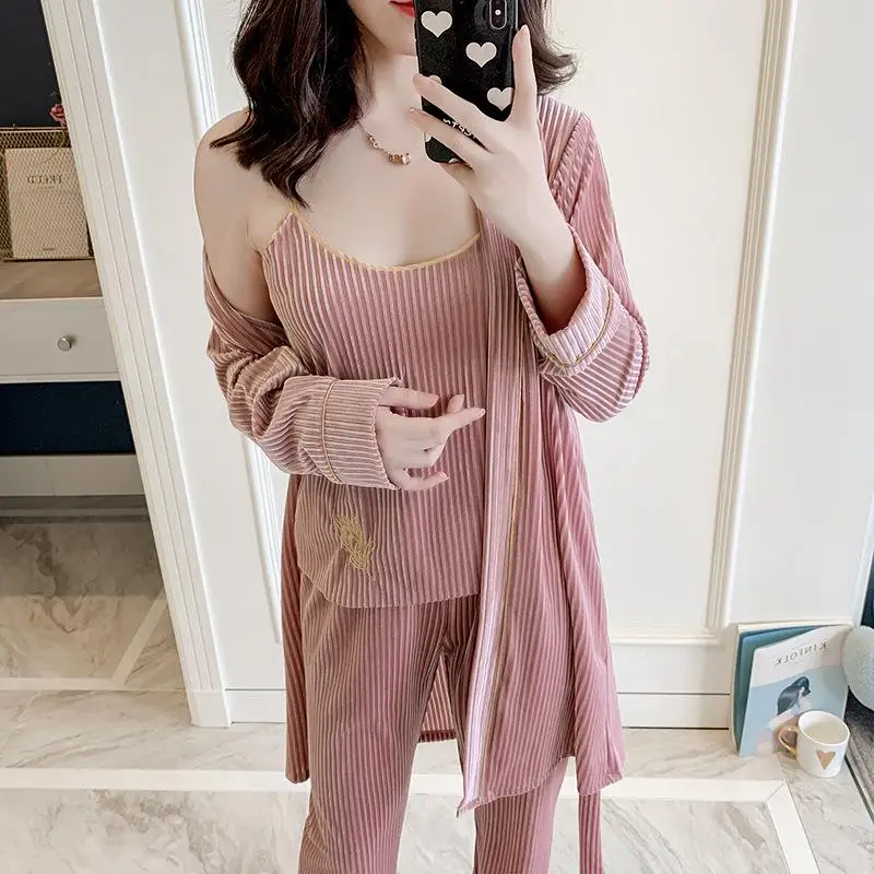3pcs Robe 3 Новинка, Осенний бархатный женский халат, набор, сексуальное кружевное кимоно, халат, 2 шт., ночная рубашка, Свадебный халат для невесты, M, L, XL - Цвет: 3pcs Robe 3