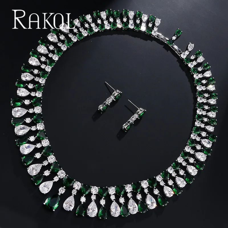 Heart Green RAKOL новинка высокое качество синий кубический цирконий серьги ожерелье набор для женщин воды Висячие серьги-капельки Роскошные вечерние ювелирные изделия RS0390 - Окраска металла: Heart Green