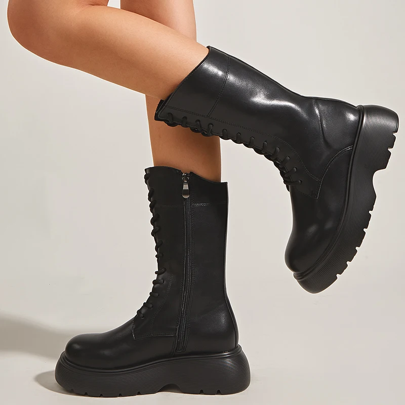 

2021 Martin Boots Female Autumn Winter Fashion Round Toe Zipper Platform Shoes Ladies Spring Women Mid Calf Chelsea Boots