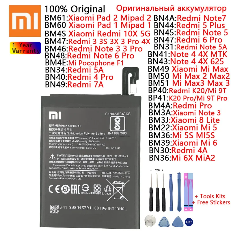 

Original Battery For Xiaomi Redmi Note 3 4 4X 5 5A 6 Pro 7 Redmi 3S 3X 4A 5 Plus 7A K20 Mi 6 6X MiA2 8 Lite 9T Pro F1 Max 2