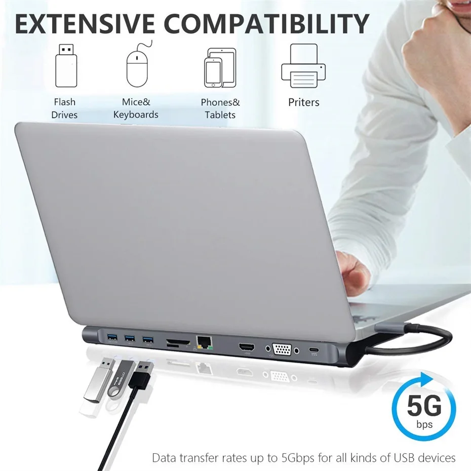 10 в 1 концентратор USB 3,1 C 4K док-станция type C HDMI RJ45 Gigabit Lan PD источник питания thunderbolt 3 Для iMac air surface book