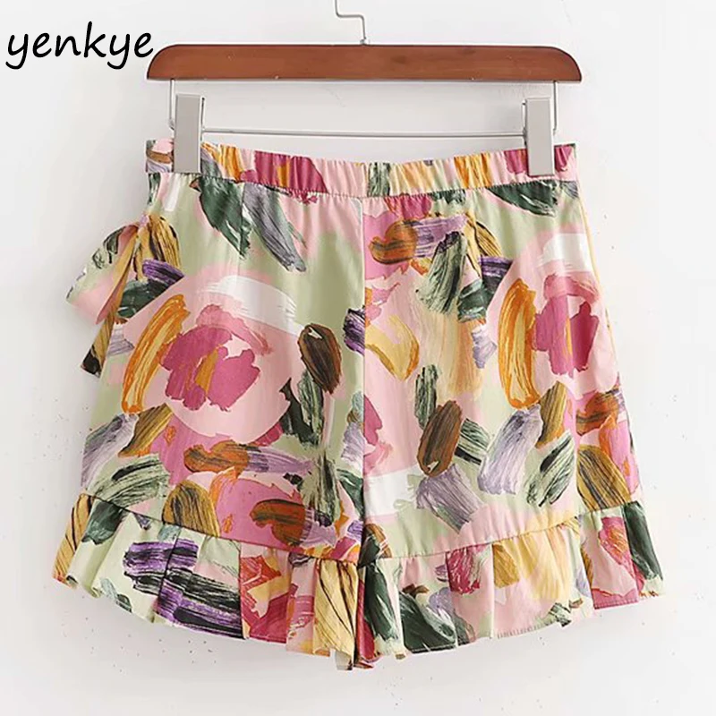 Многоцветный цветочный принт, шорты, женские, с высокой талией, с высокой талией, для праздника, Boho, брюки, pantalones cortos mujer, летние шорты, mujer