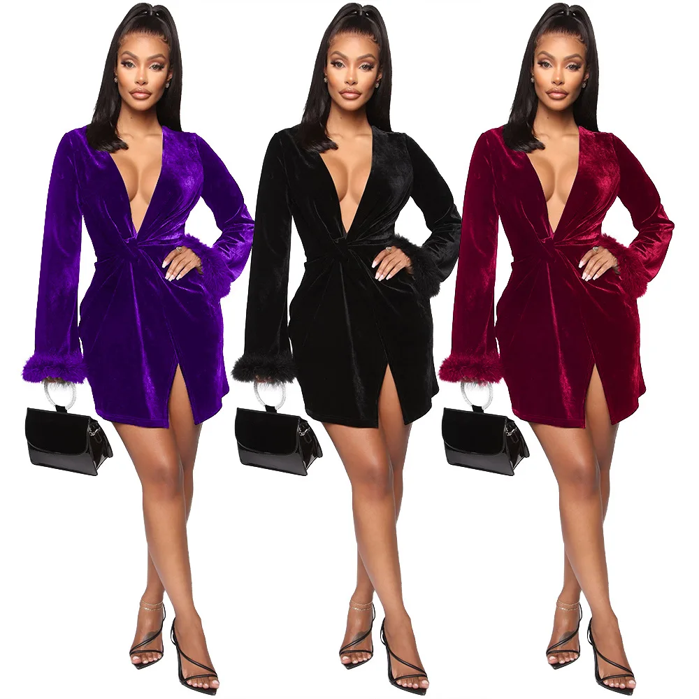 

Velvet Dress Women Long Sleeve Winter Dresses 2019 Party Night Sexy Bandage V Neck Long Sleeve Warm Black Dress Elegant Office