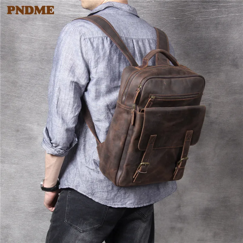 PNDME high quality crazy horse cowhide men's laptop backpack casual vintage genuine leather designer bagpack brown bookbags