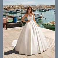 simple wedding dress v neck sleeveless satin a line floor length spaghetti straps bridal gowns vestito da sposa custom made