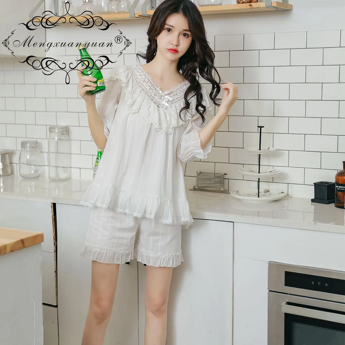 

Женский летний пижамный комплект с коротким рукавом, белый Хлопковый Пижамный костюм принцессы из двух предметов, кружевная Домашняя одежд...