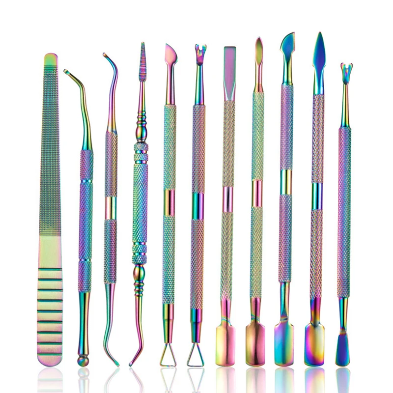 

Rainbow Stainless Steel Nail Cuticle Pusher Tweezer Nail Art Files UV Gel Polish Remove Manicure Care Groove Clean Tool