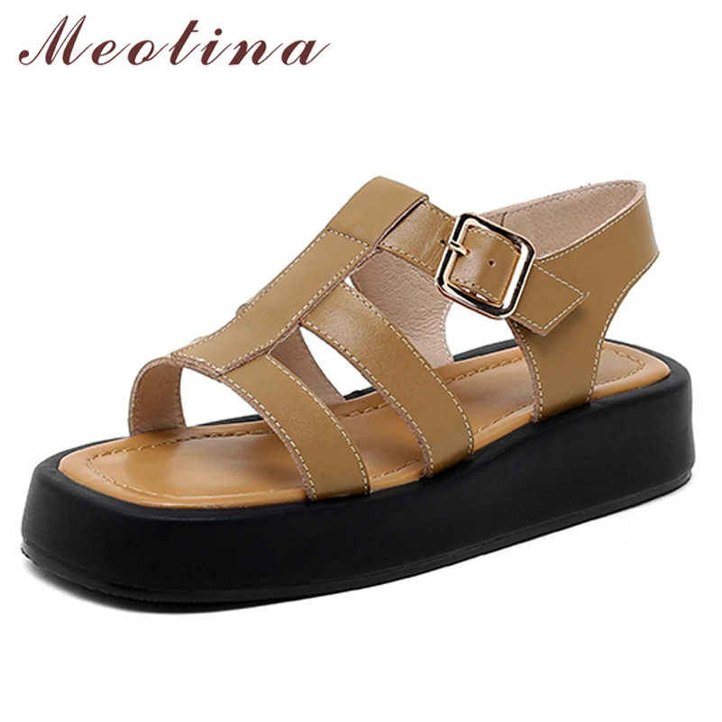 

Meotina Gladiator Shoes Women Genuine Leather Sandals Flat Platform Sandals Square Toe Cow Leather Ladies Footwear Summer Black