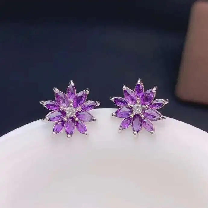 Elegant Talonpaw  Sun flower natural amethyst stud earrings Natural purple crystal earrings S925 silver girl party jewelry