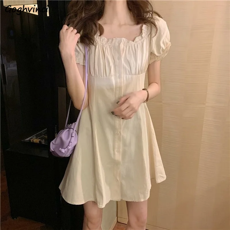 

Short Puff Sleeve Mini Dress Women Solid Simple Temperament Square Collar Single Breasted Trendy Dresses Female Ins Retro Casual