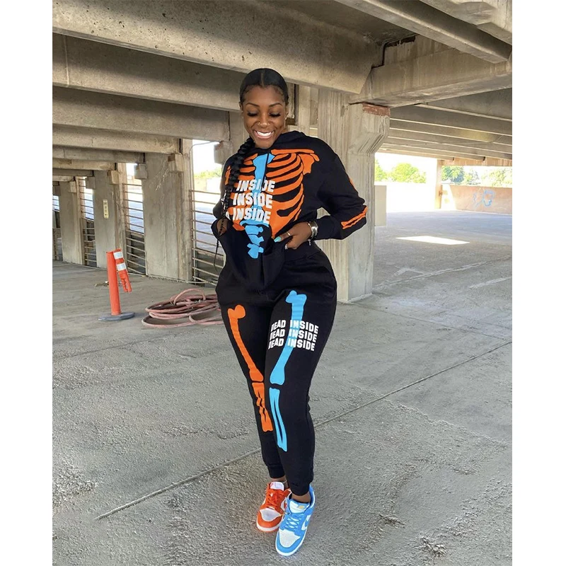 

Black Skull Letter Print 2 Piece Set Long Sleeve Hooded Sweatshirt Wide Leg Casual Workout Pants 2021 Spring Autumn New