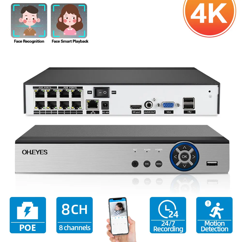 

Face Detection 8 Channels IP Network Video Recorder 4K POE NVR 16CH CCTV NVR Recorder 8CH 4K For IP Camera Security System XMEYE