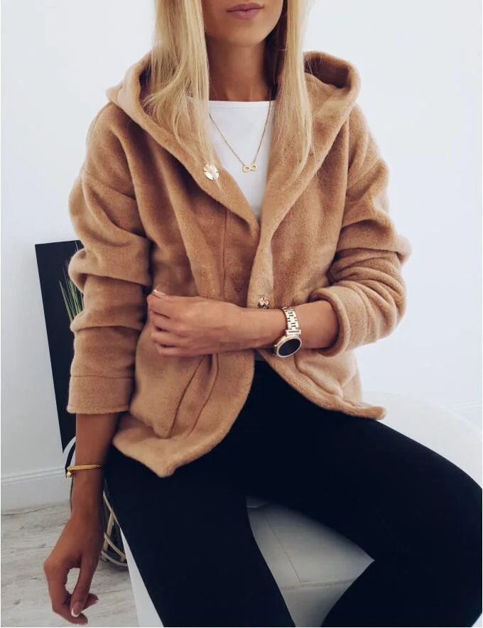 

Осенняя Женская флисовая куртка с капюшоном, повседневный теплый кардиган с длинным рукавом и открытым спереди, верхняя одежда с карманами,...